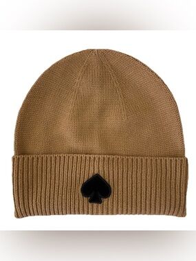NWT Kate spade tan knit beanie with black spade patch